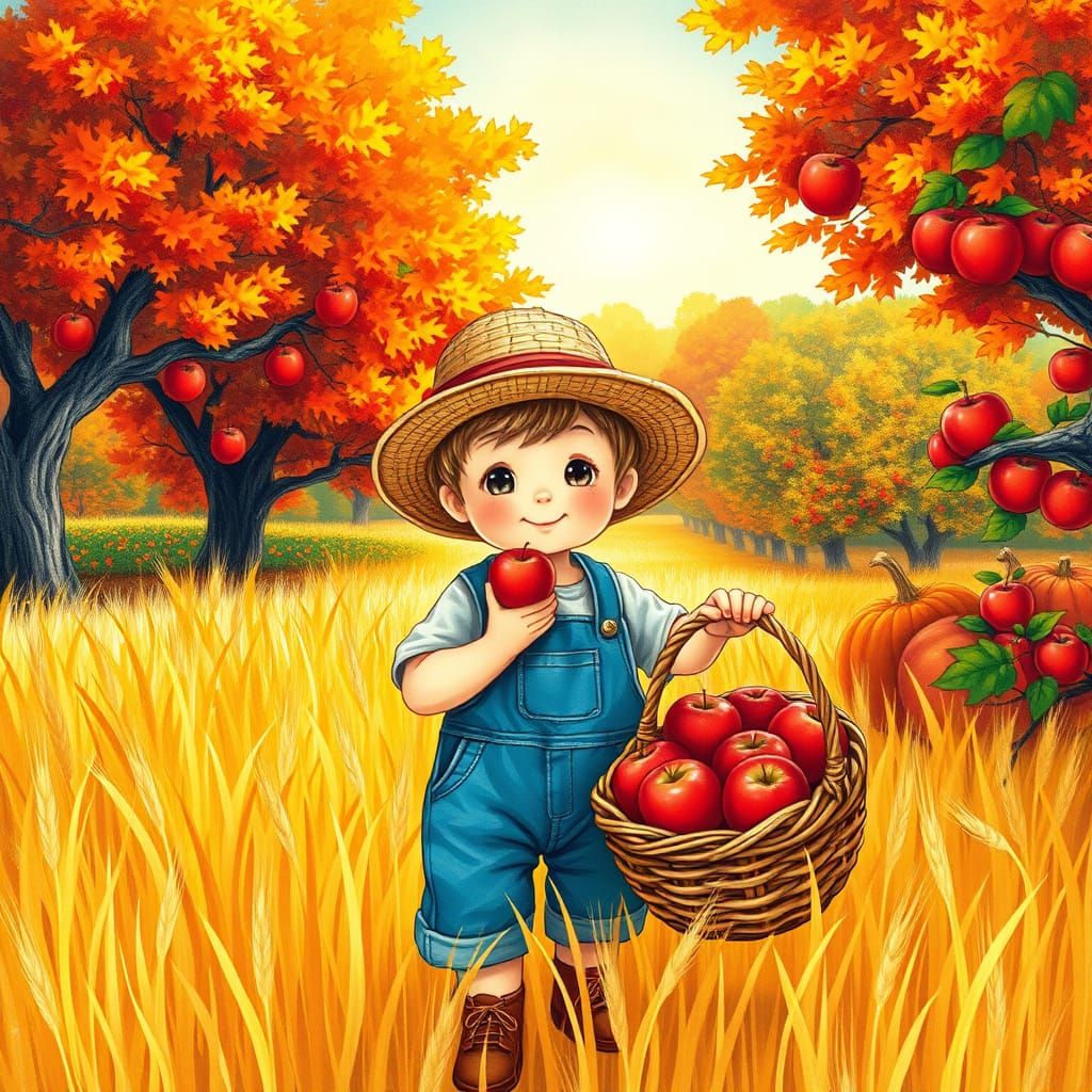 Whimsical Boy Harvests Apples in Autumn Field