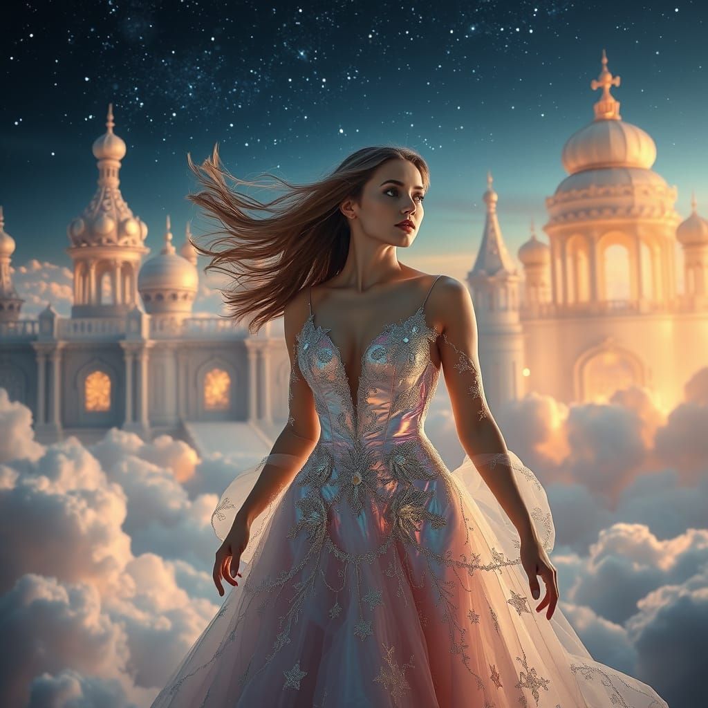 Ethereal Woman in Celestial Gown Amidst Cloud City