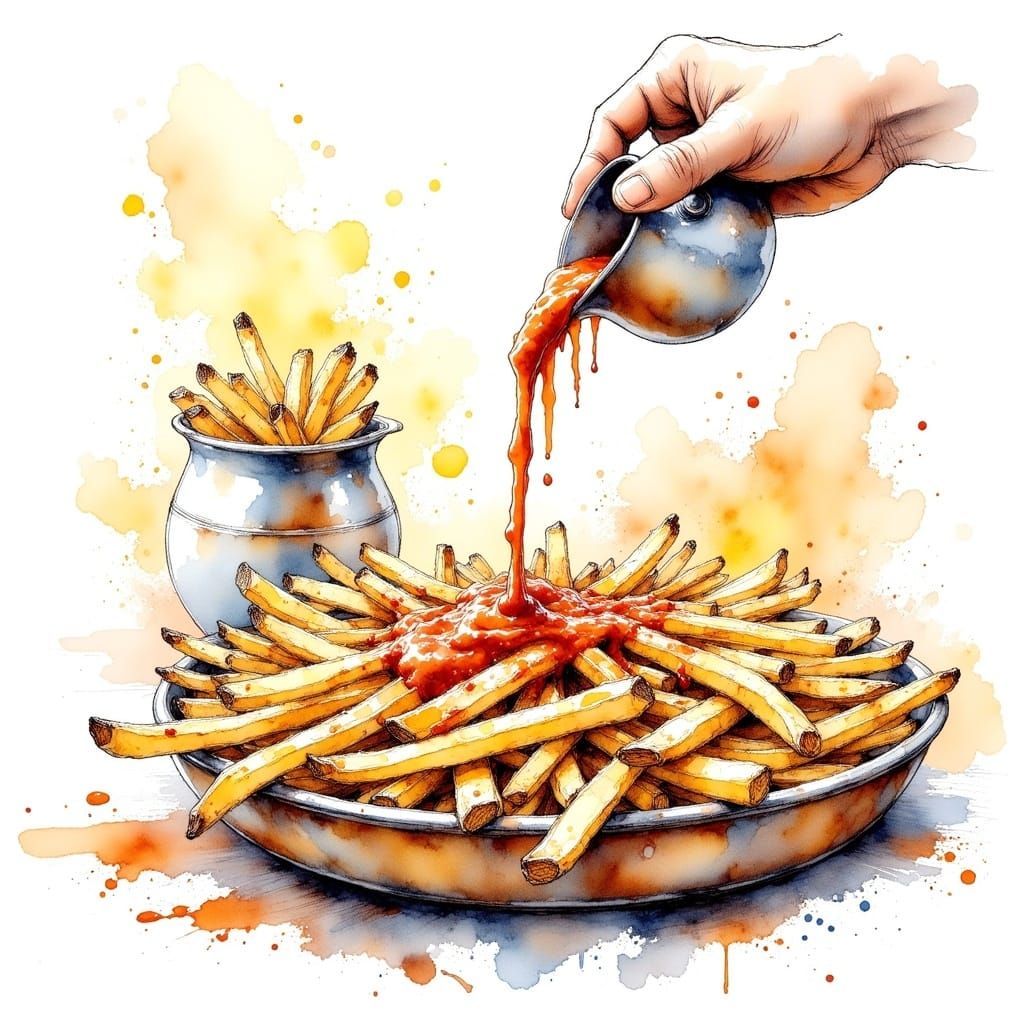 Funny Comic Strip of Curry Fries in Watercolour
