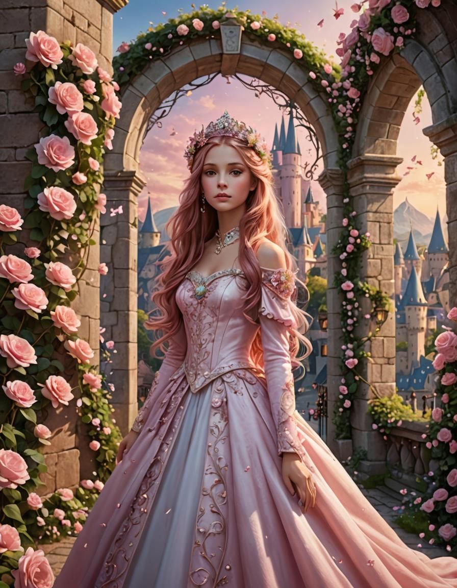 Princess with Pink Hair Under Magical Flower Arch