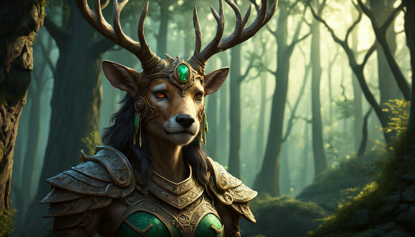 Warrior Doe Guarding Woodland Portal in Fantasy Art