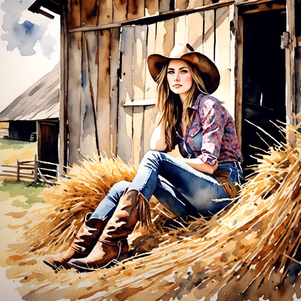 Cowgirl in Hay Barn: Antique Watercolor Style