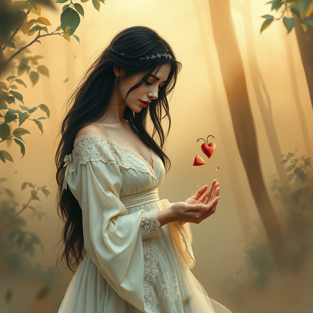 Romantic watercolor art, medium shot. A sad black haired wom...