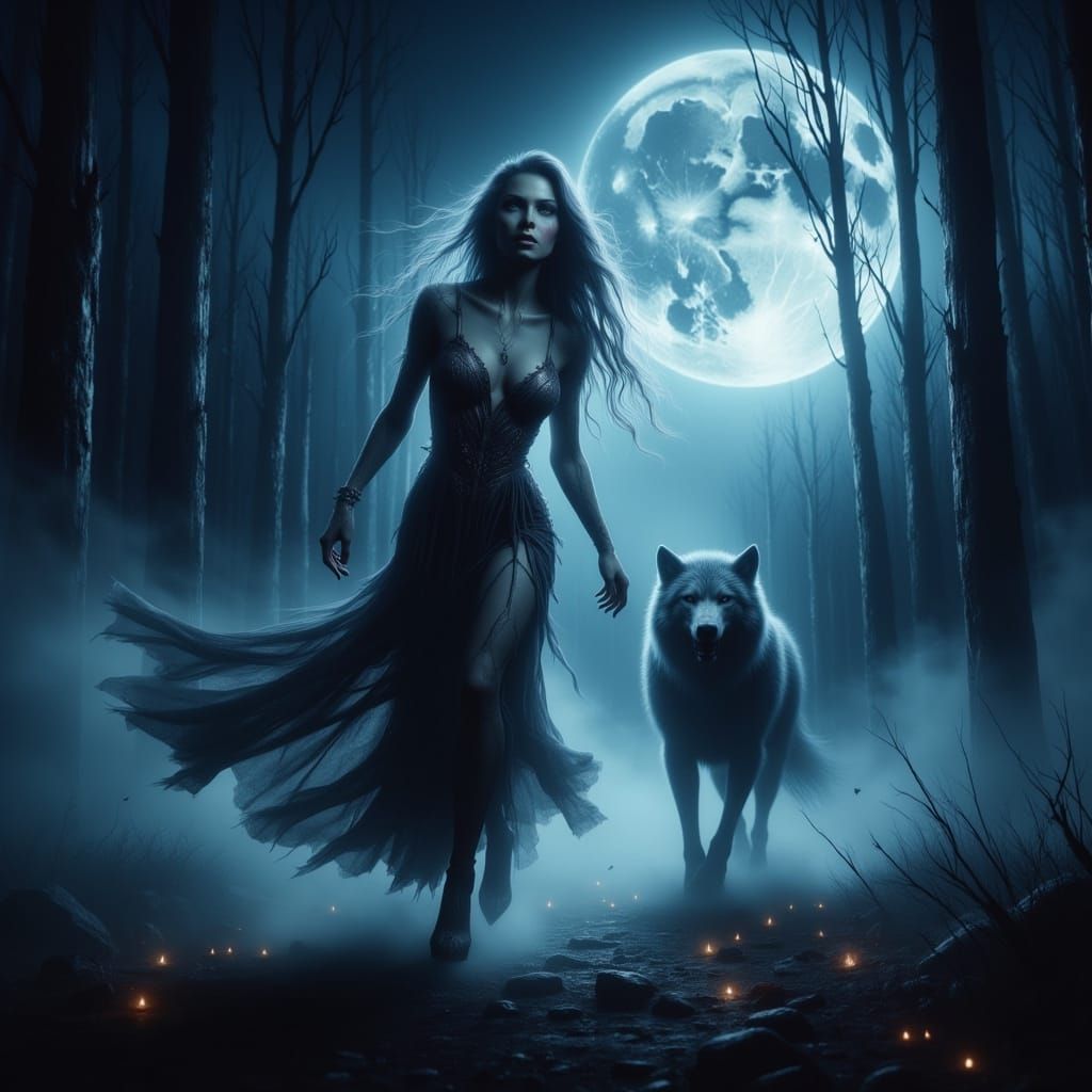 Ethereal Lady Flees Werewolf Under Full Moon