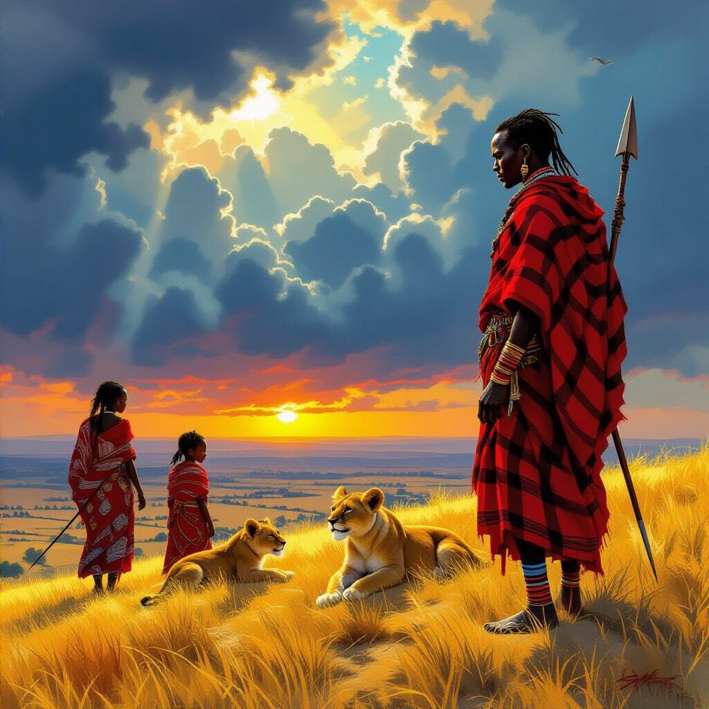 Maasai Warrior's Emotional Gaze Over Family and Approaching ...