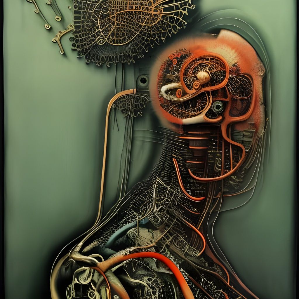 Woman with Mechanical Organs in Mixed Media Style