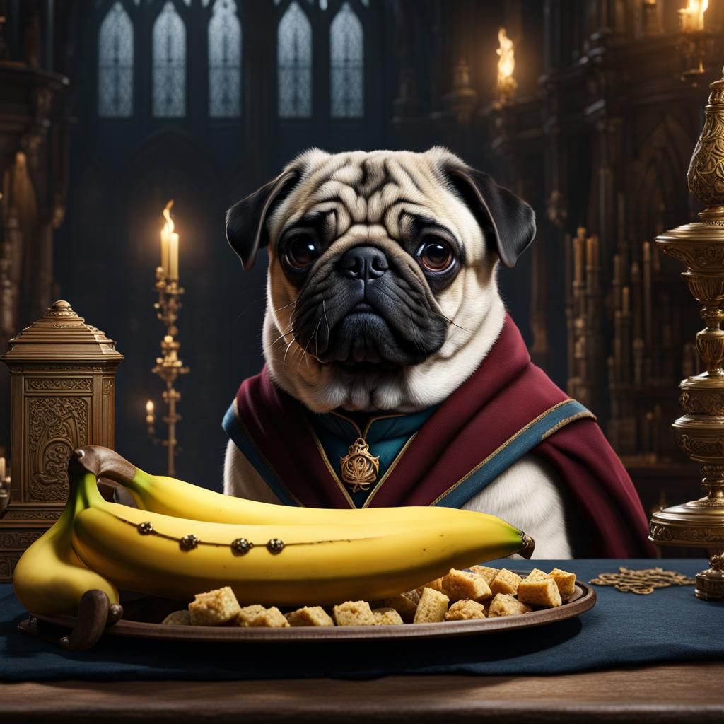 Pug Dog at Hogwarts: A Fantastical Art Painting
