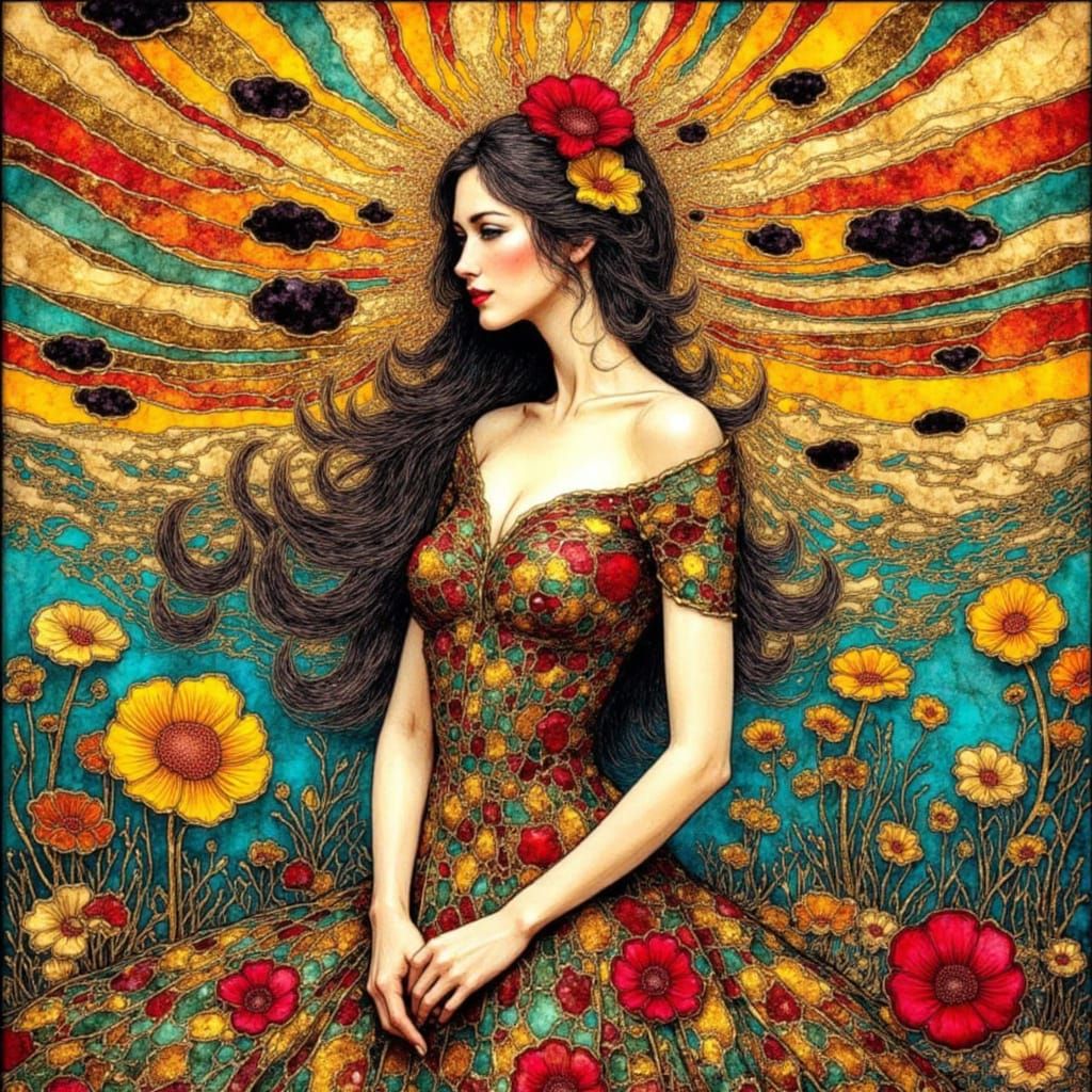 Ocean Goddess in Gold and Crimson, Klimt Style