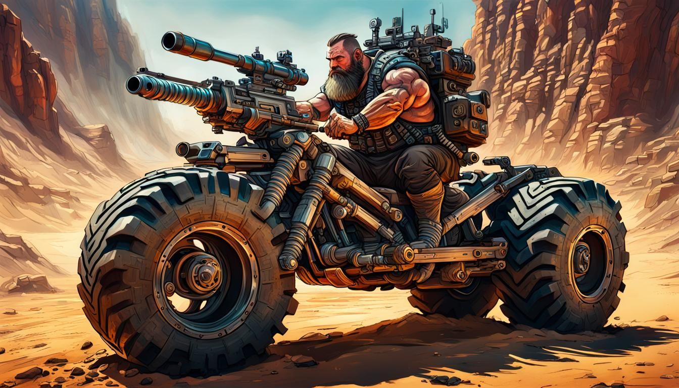 Sci-Fi Dwarf Biker in Desert Landscape