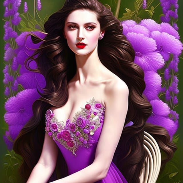 Beautiful Woman in Garden: Digital Art in Oil Painting Style