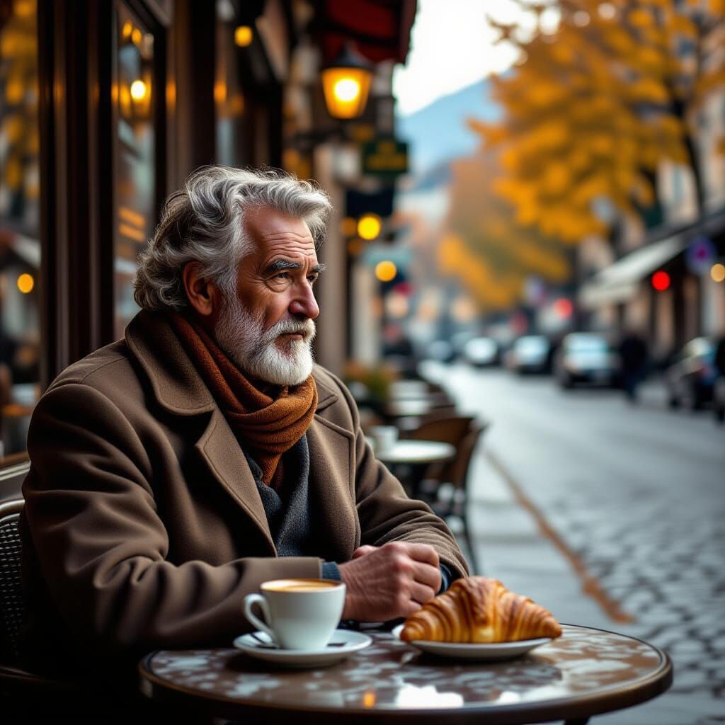 Italian Man Contemplates Autumn Street: Cinematic Still