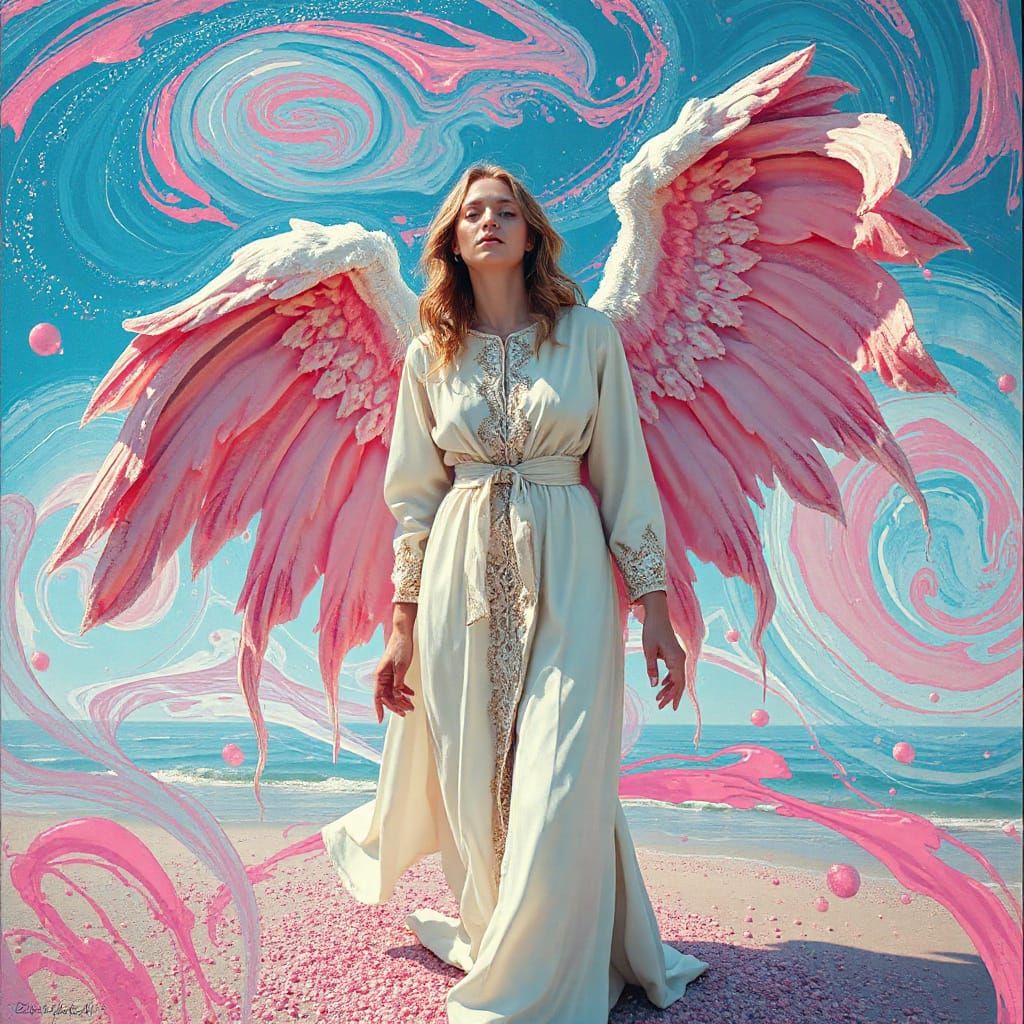 Surreal Angelic Figure on Vibrant Beach in Oil Painting Styl...