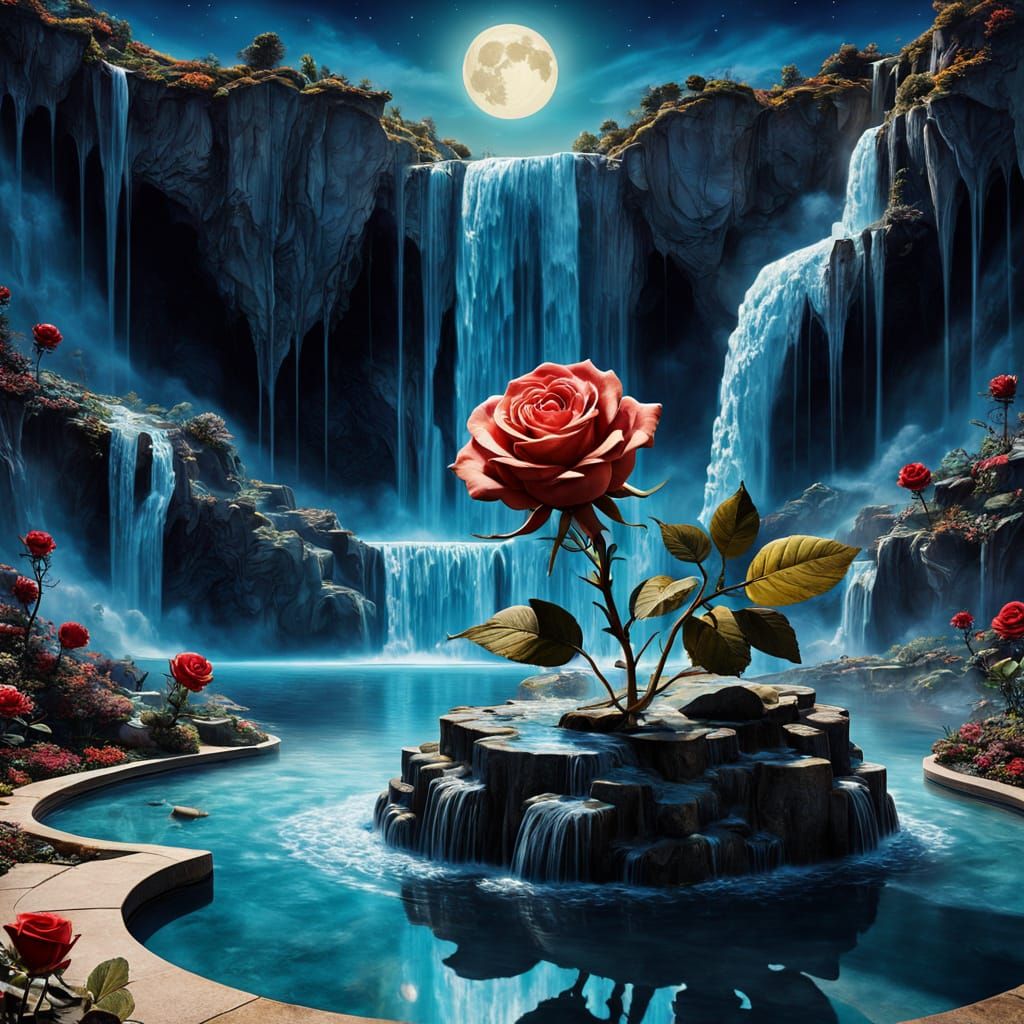 Dreamlike Rose Sculpture in Surreal Landscape