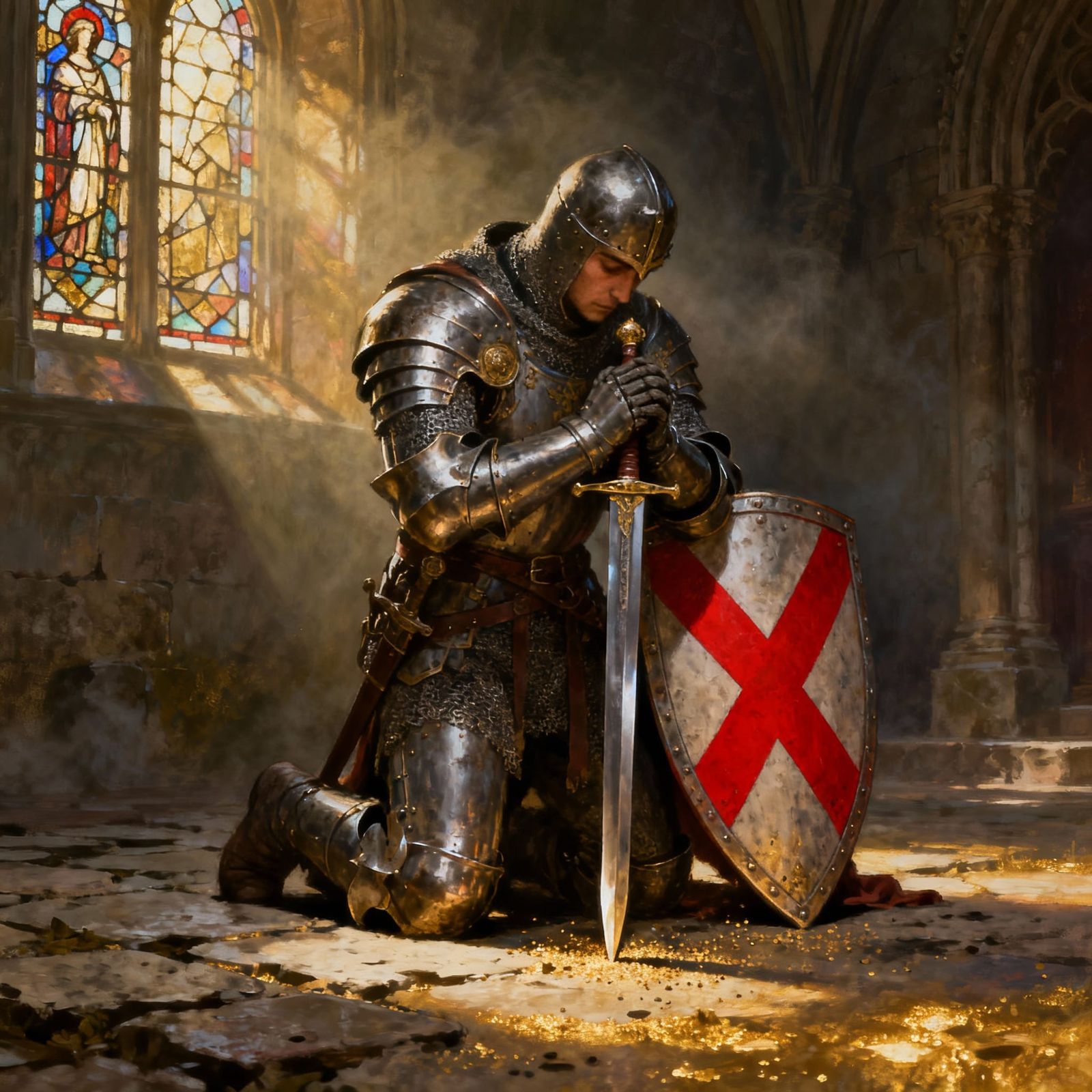 Medieval Knight Kneeling in Prayer with Sword and Shield