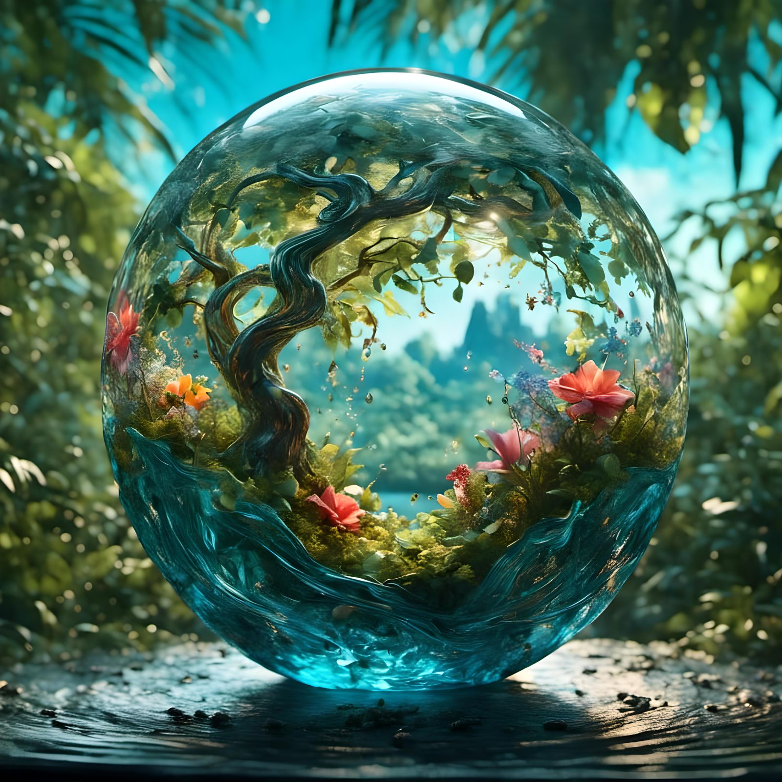Tree of Life in Glass Sphere, Hyperrealistic Art