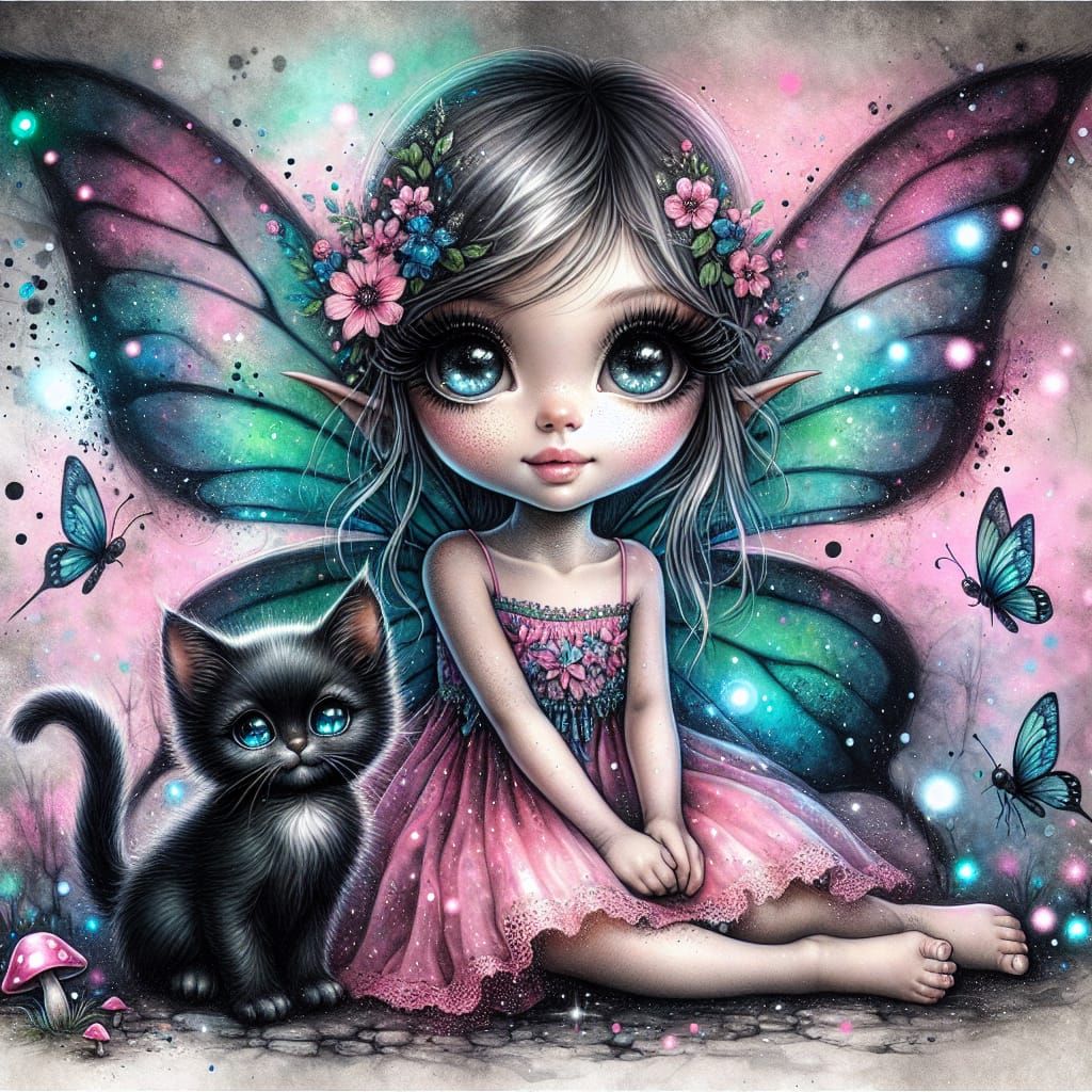 Enchanting Fairy and Black Kitten Illustration