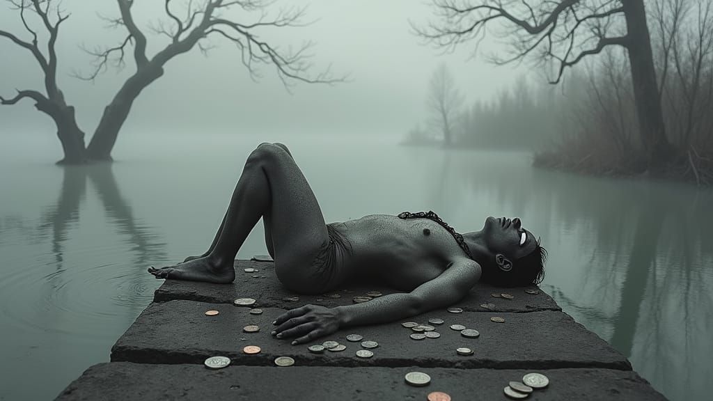 Charcoal Figure on Dock with Coins in Beksiński Style