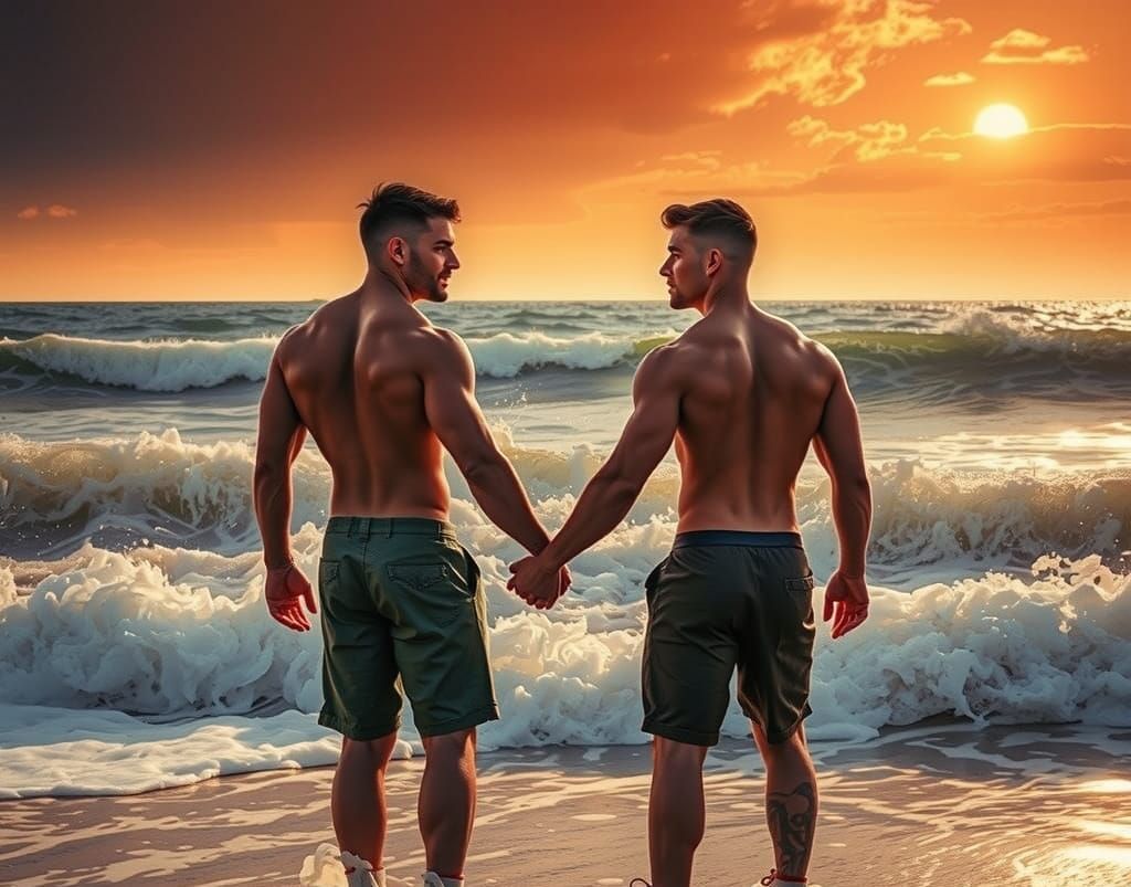 Gay Couple on Sunny Beach at Noon, Hyperrealistic