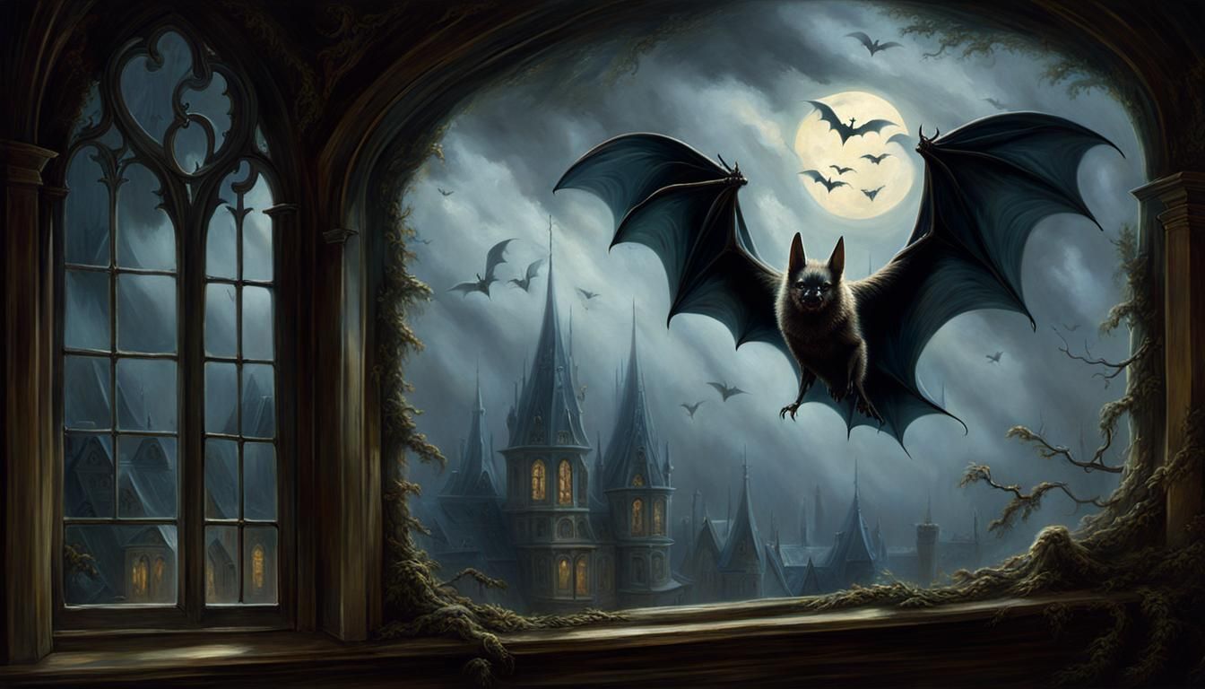 Ethereal Bat at Window: 1800s Oil Painting