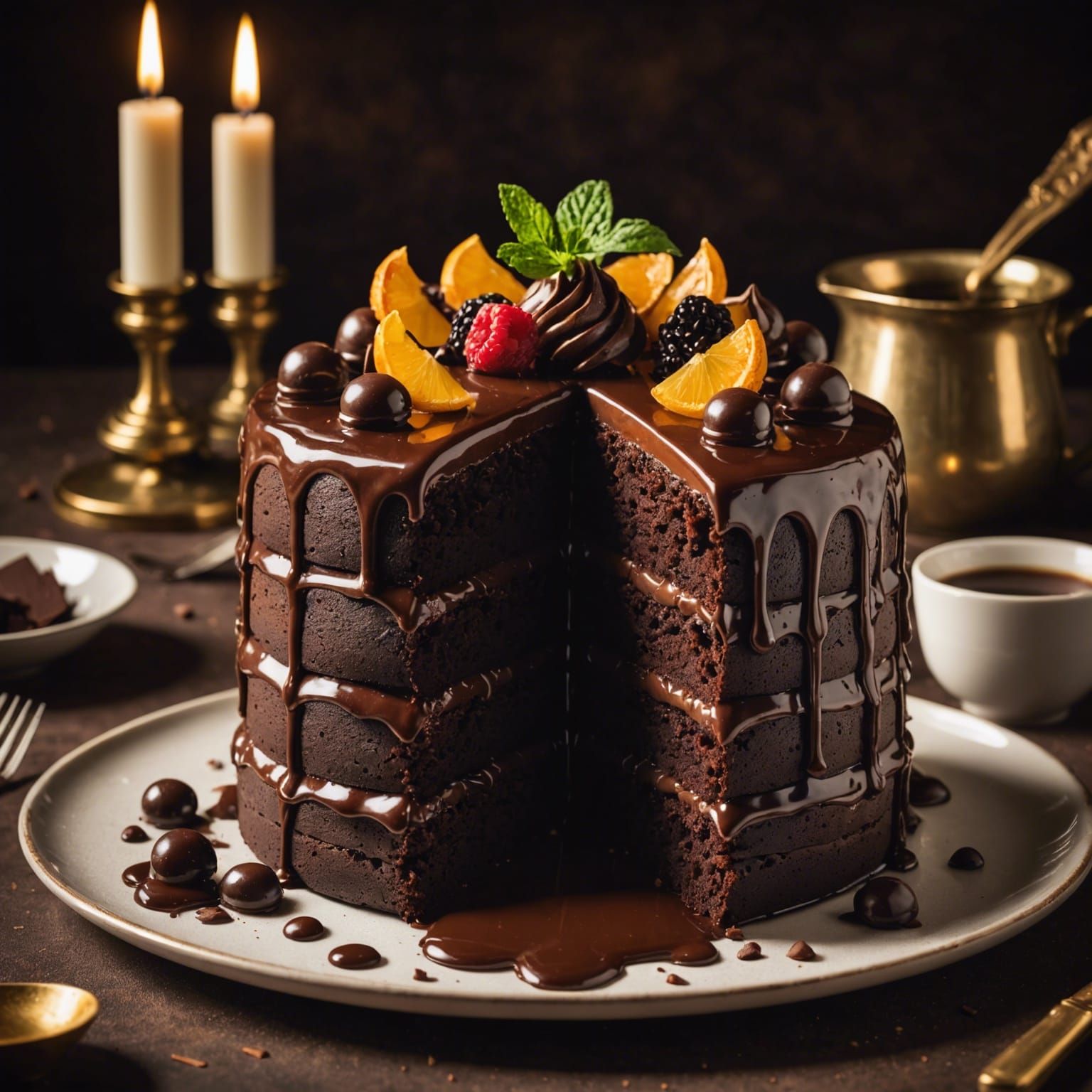 Luxurious Melted Chocolate Cake in Warm Light