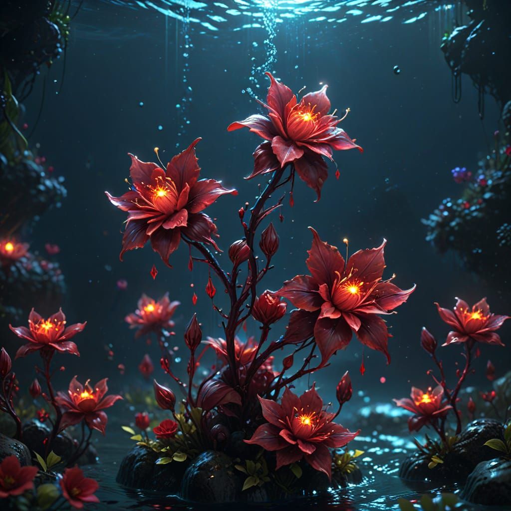 Underwater Crimson Blossoms in Dark Fantasy Style