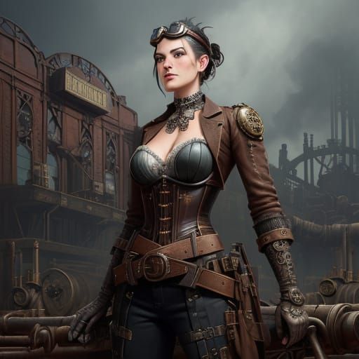 Steampunk Ironworker Woman Stands Proud in Industrial Era Fa...