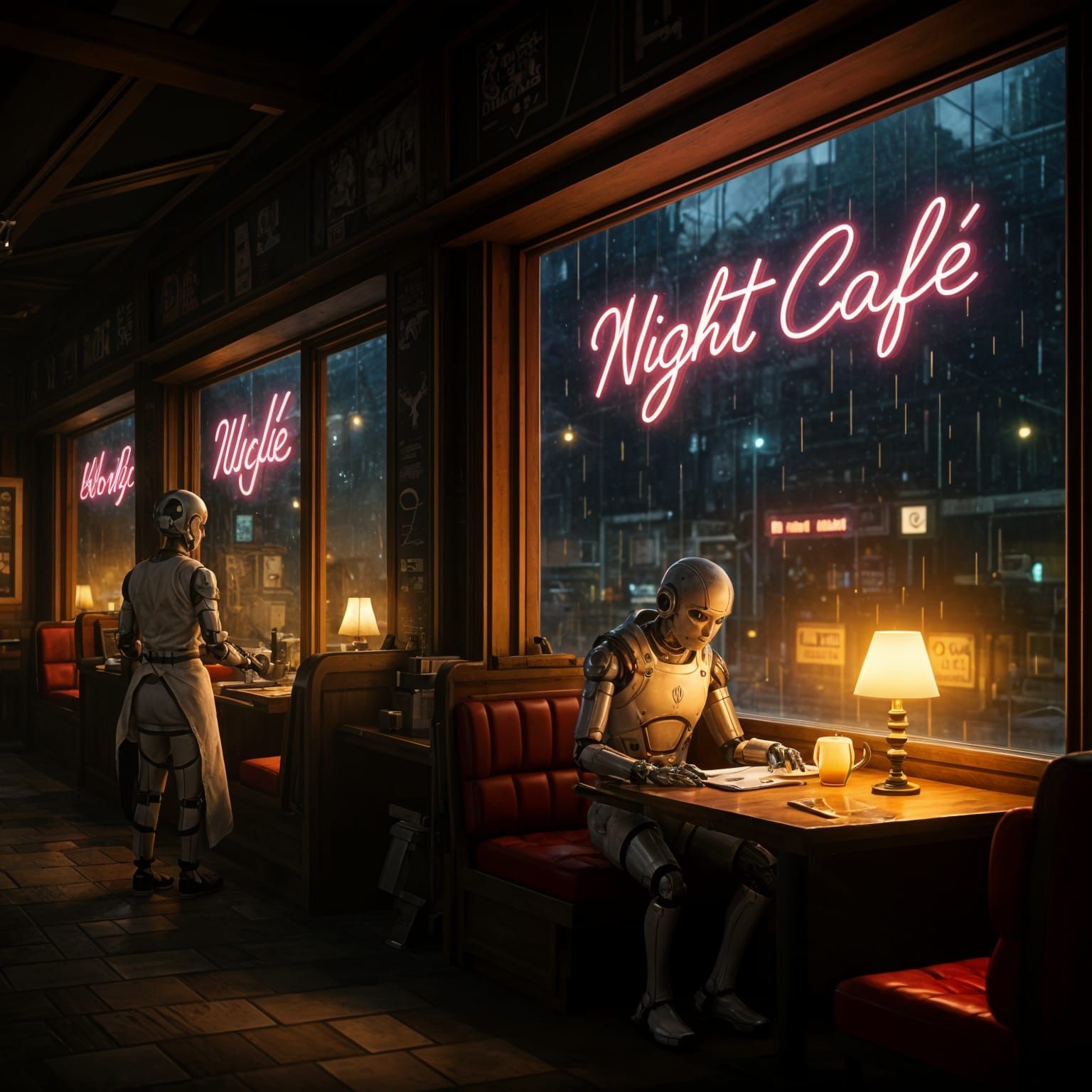 Robots Gather in a Mysterious Night Cafe, Illuminated by Rai...