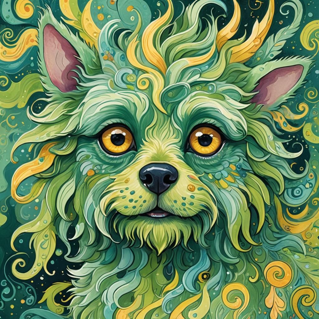 Cute Green Monster Grooms Dog: Gouache Illustration