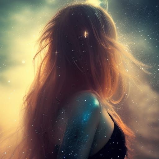 Cosmic Woman in Magical Nightscape, Digital Painting