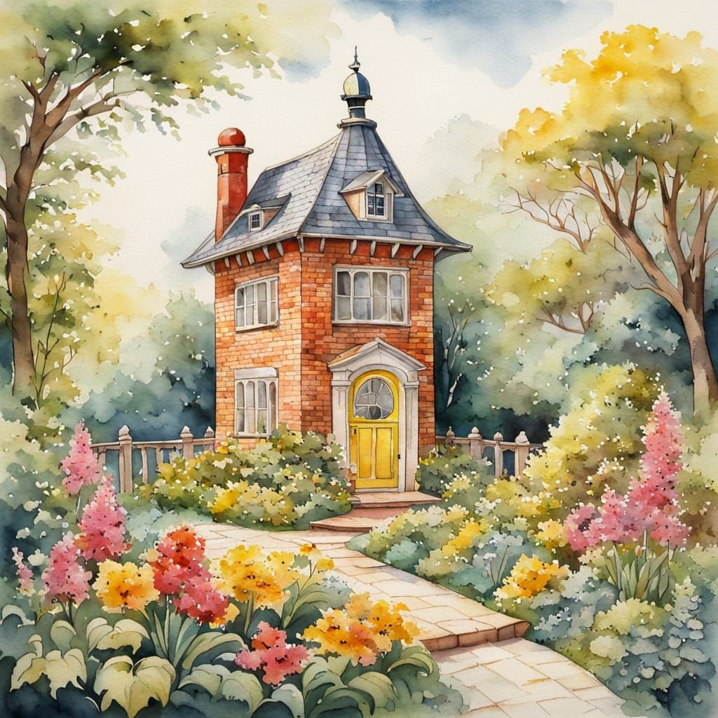 Whimsical Lighthouse Garden Scene in Watercolour