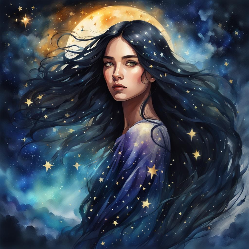 Watercolor Woman in Starry Night Sky