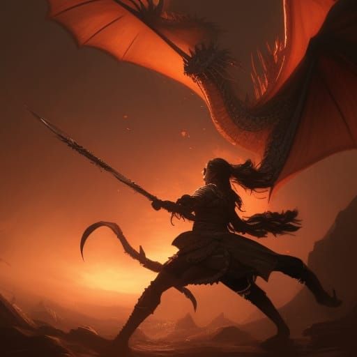 Warrior Girl Dragon Fight: Dark Fantasy Art