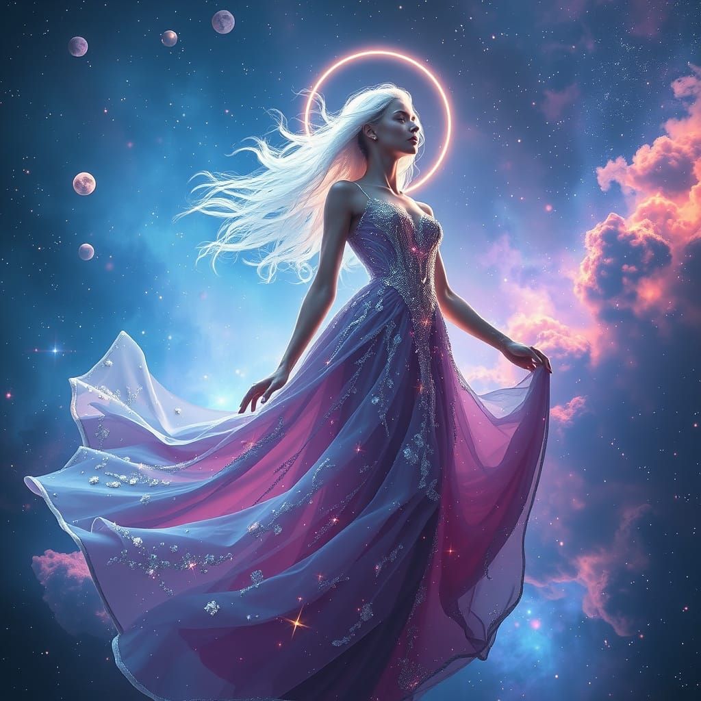 Ethereal Goddess Shines Amidst Vibrant Nebula in Cinematic H...