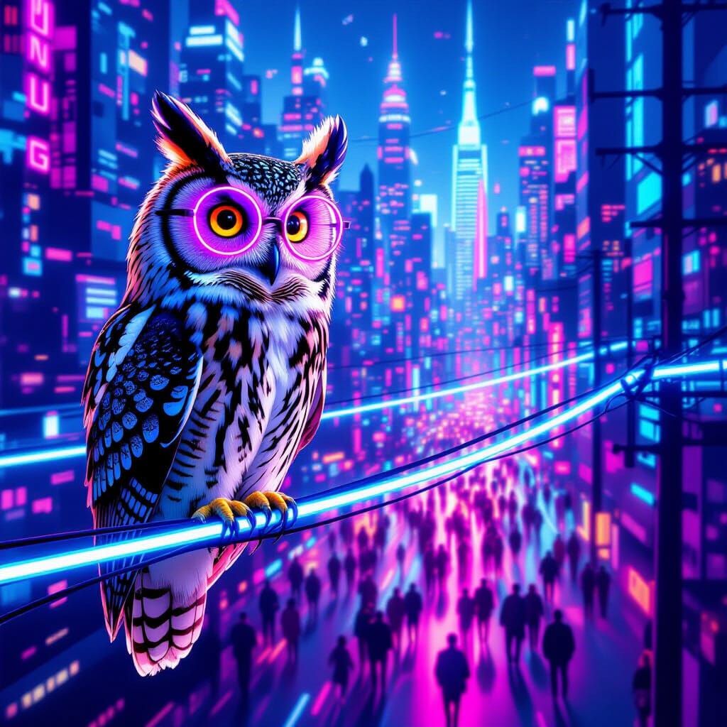 Wise Owl in Futuristic City with Neon Glasses