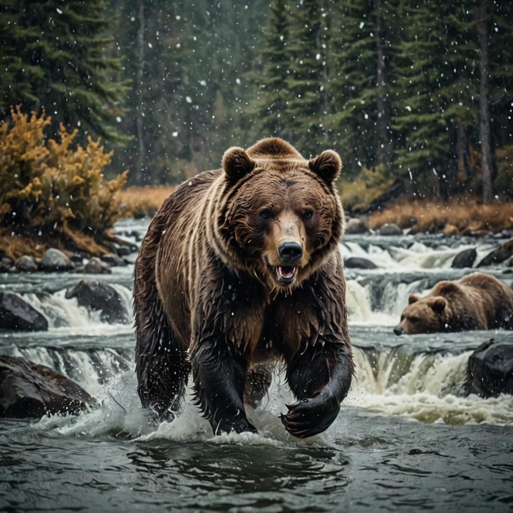 Grizzly Bear Catching Salmon in Snowy River