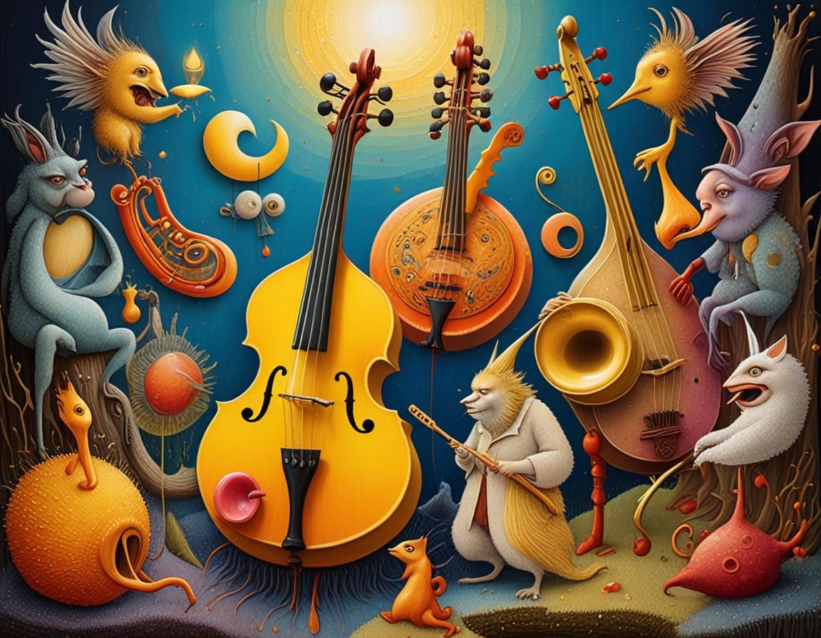 Surrealist Musicians in Vibrant Colors, Impasto Painting