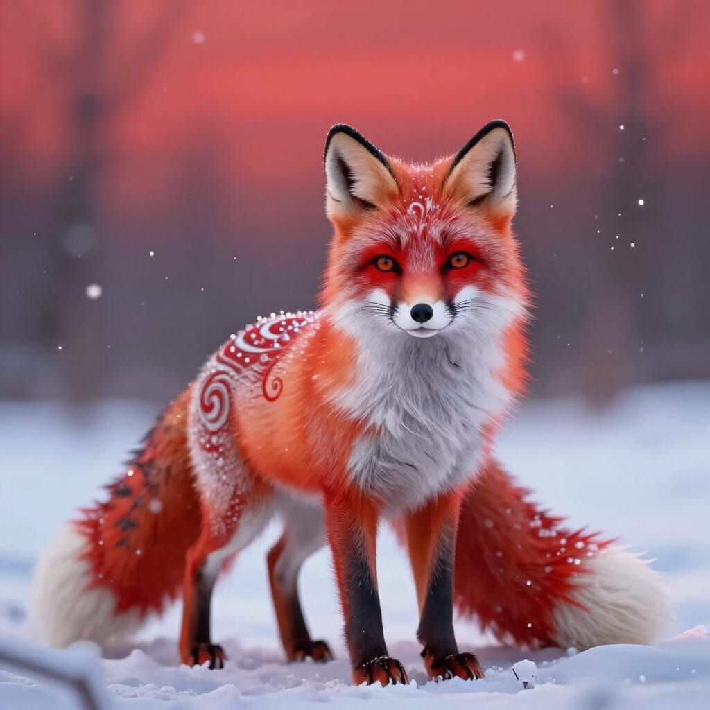 Mystical Arctic Fox with Crimson Glow in Snowfall