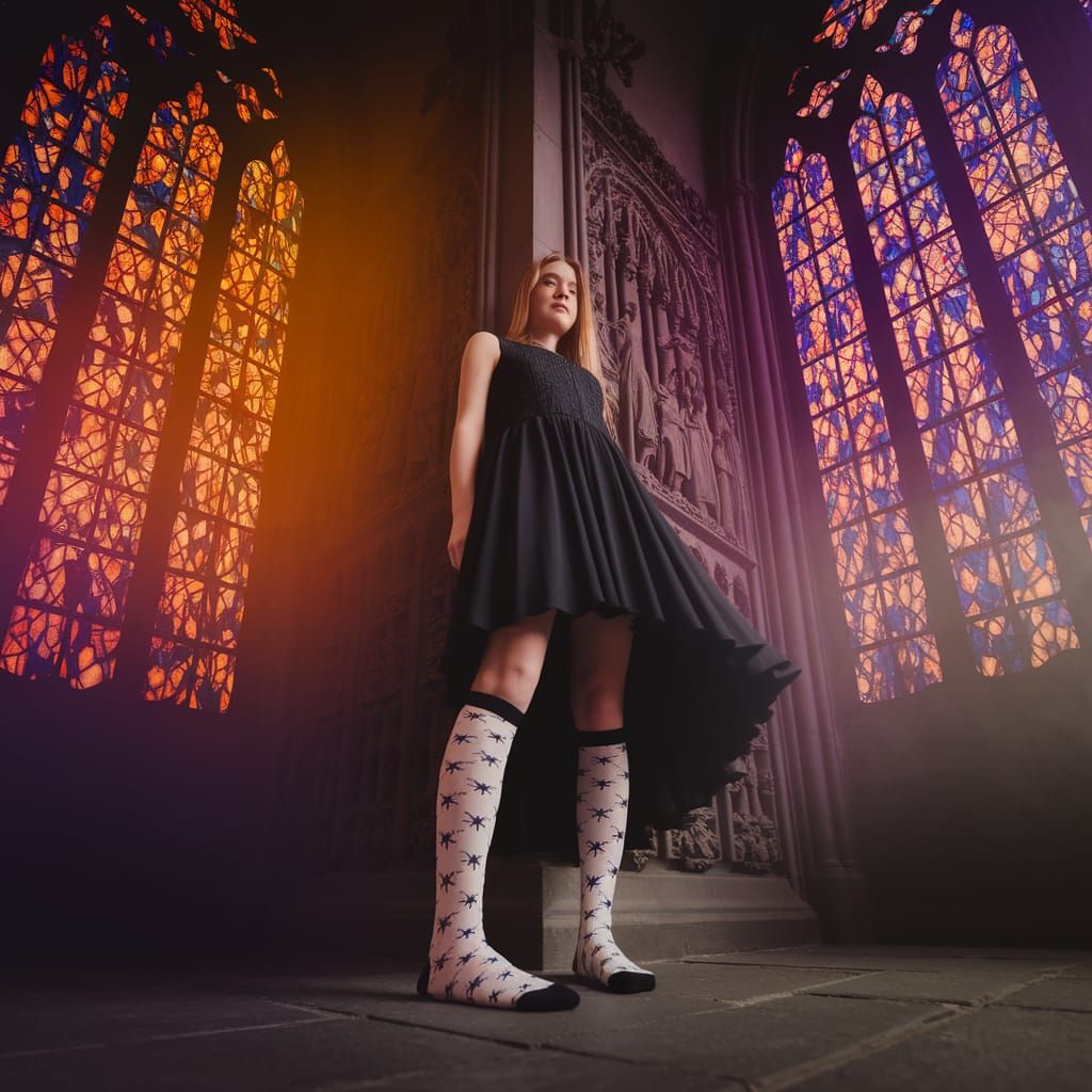 Gothic Model with Spider Socks in Cathedral