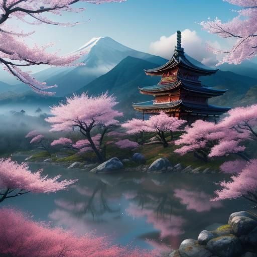 Samurai Overlooks Misty Valley in Japanese Fantasy Art