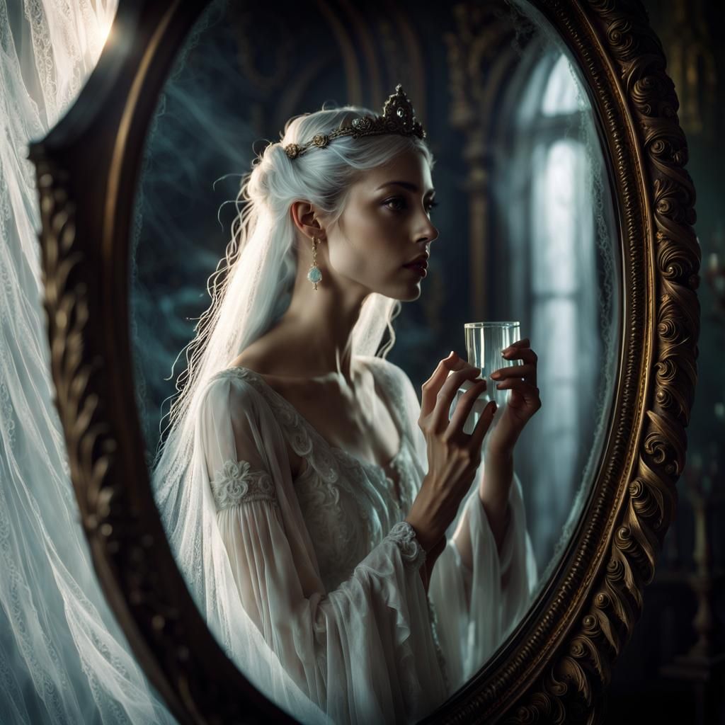 Ethereal Ghost Gazing in Mirror: Hyperrealistic Portrait