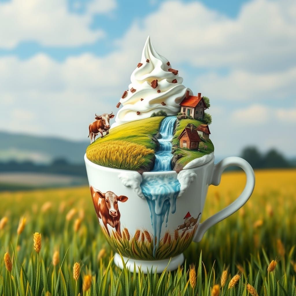 A beautifully designed cup with an exterior painting of a cow in a beautiful wheat field and inside the cup on the whipp...