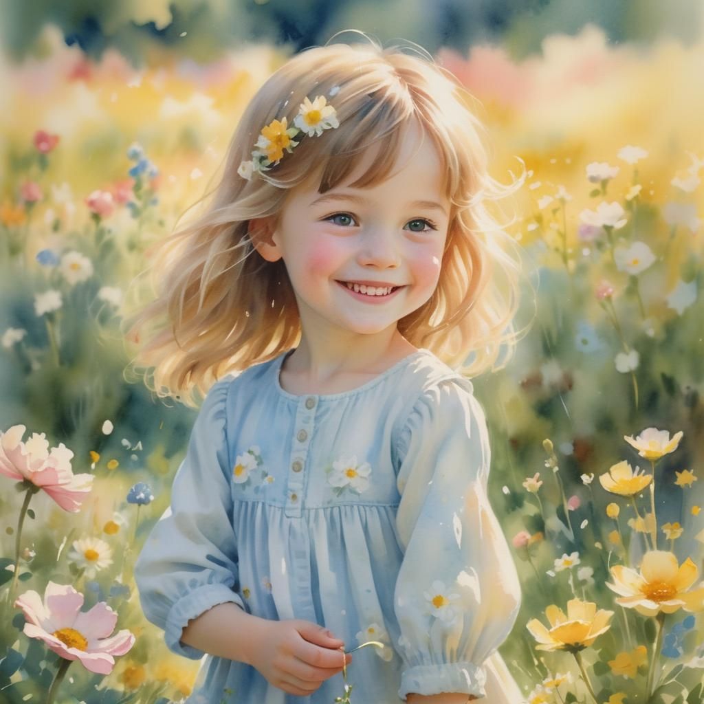 Joyful Child and Puppy in Watercolor Garden