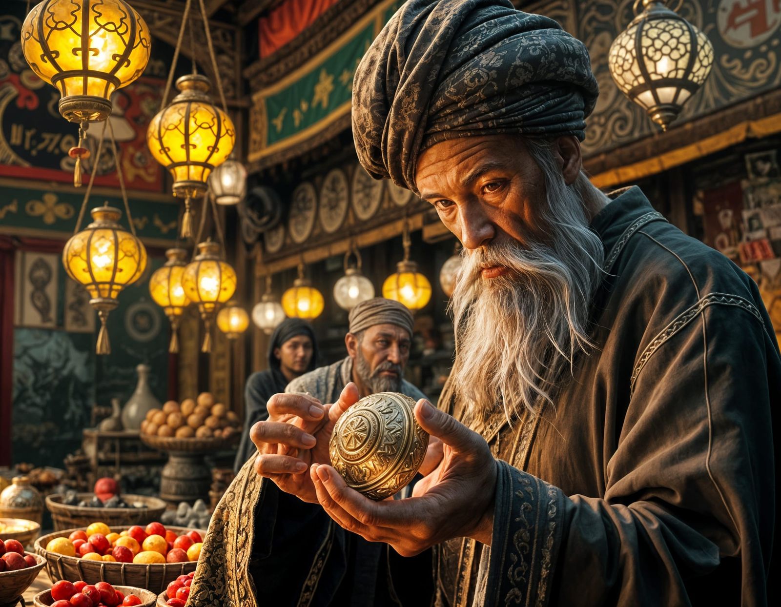 Sinister Oriental Sorcerer Examines Ornate Gold Ring at Bust...