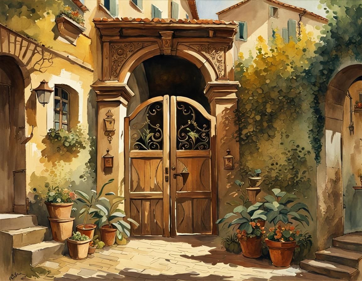 Charming Southern European Entrance in Watercolor Style