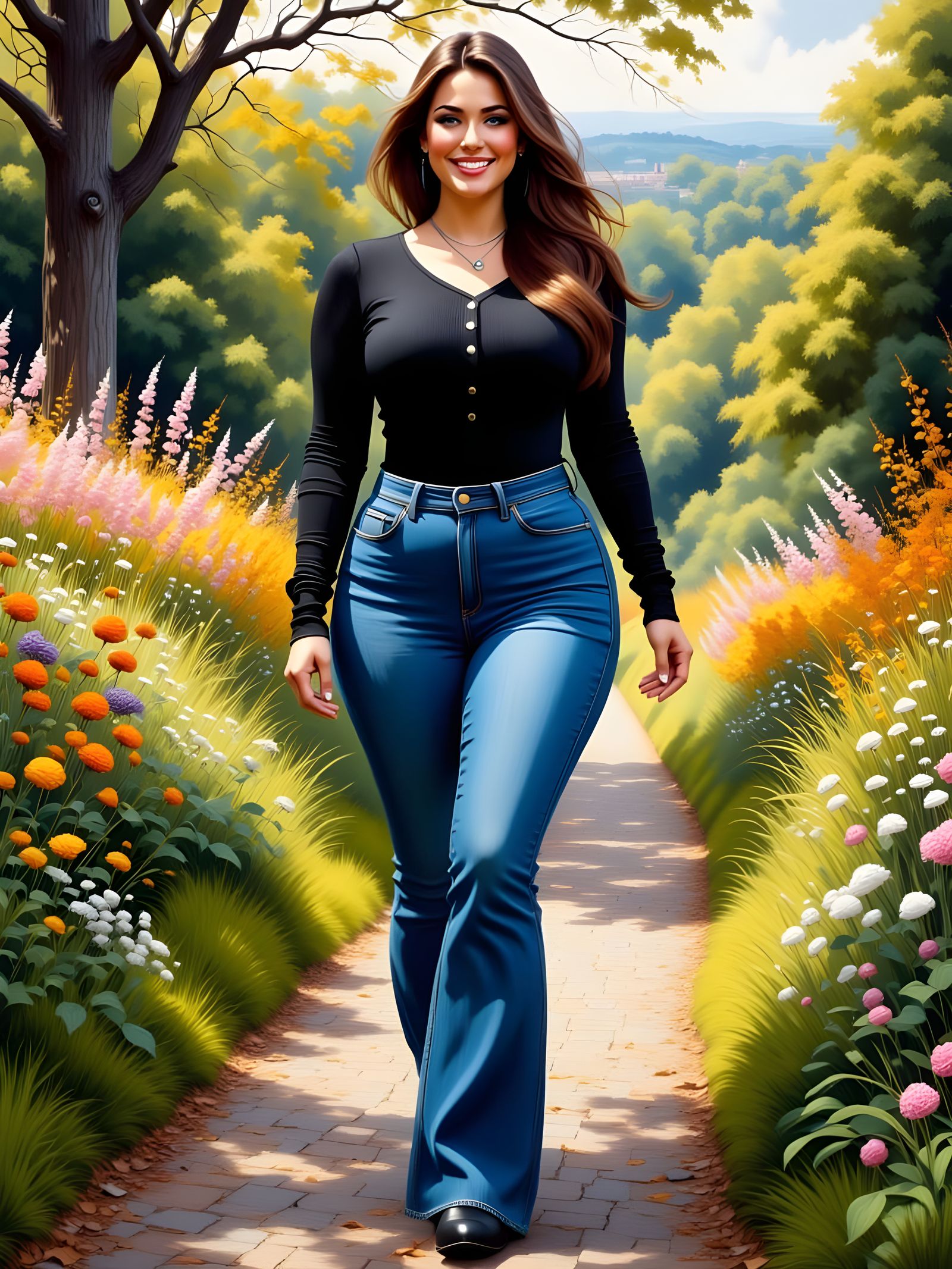 Curvy Woman in English Landscape, Art Nouveau Style