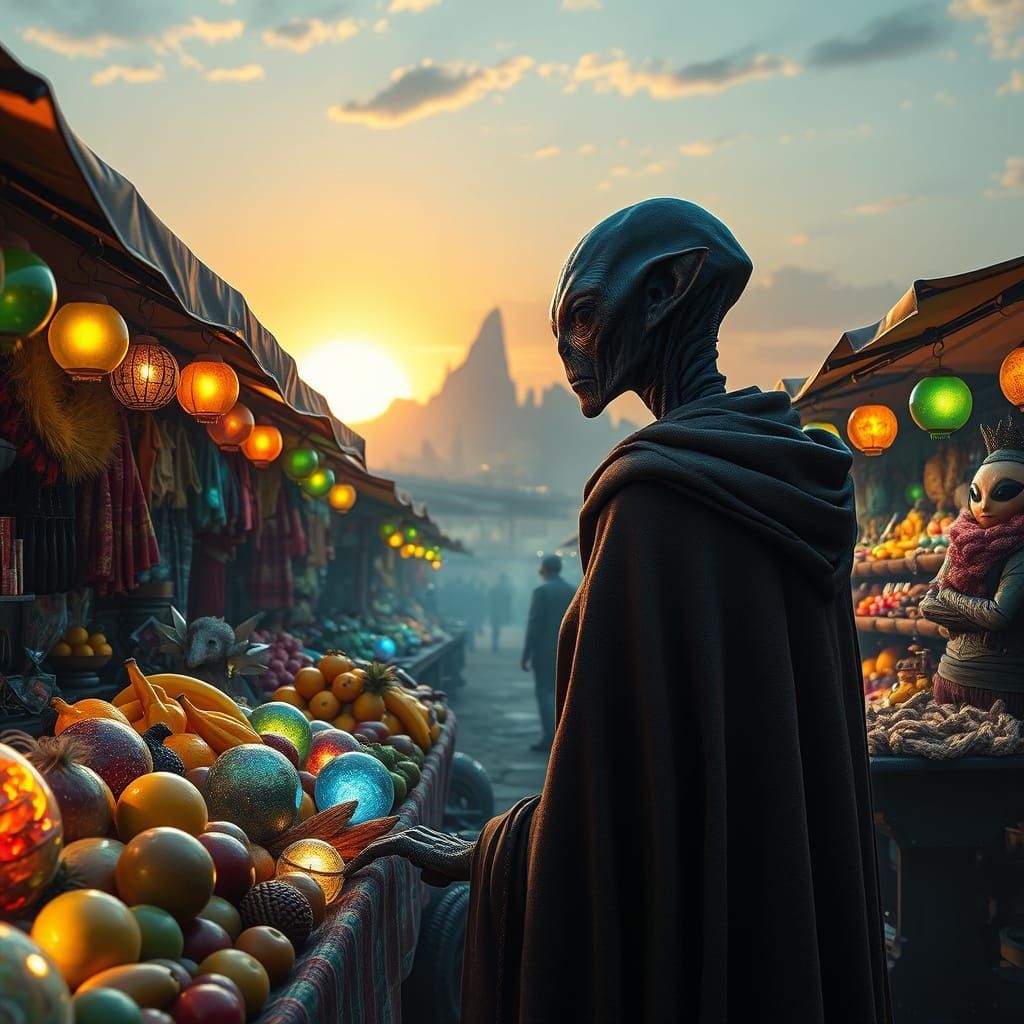 Alien Market with Glowing Fruits and Shimmering Orbs