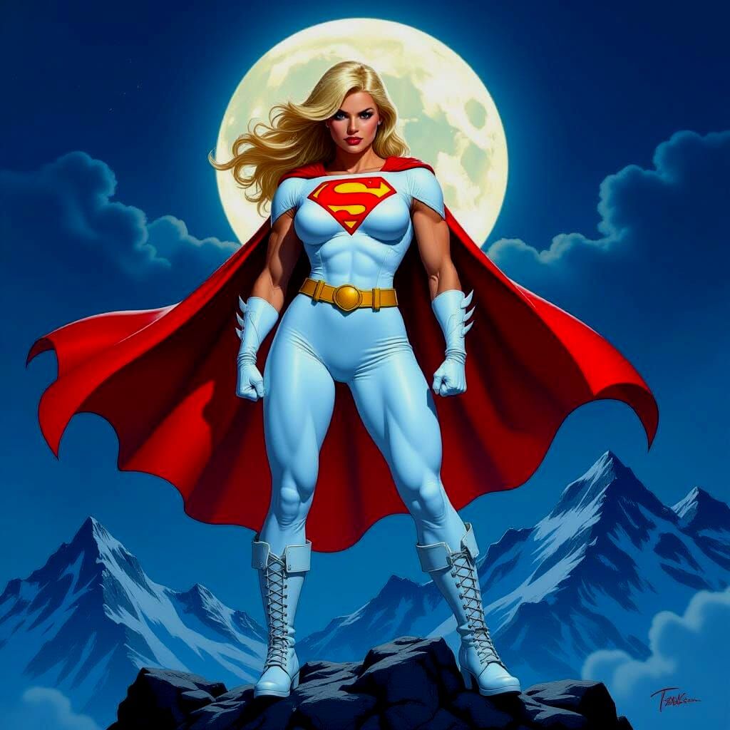 Powergirl in White Costume on Mountain at Night