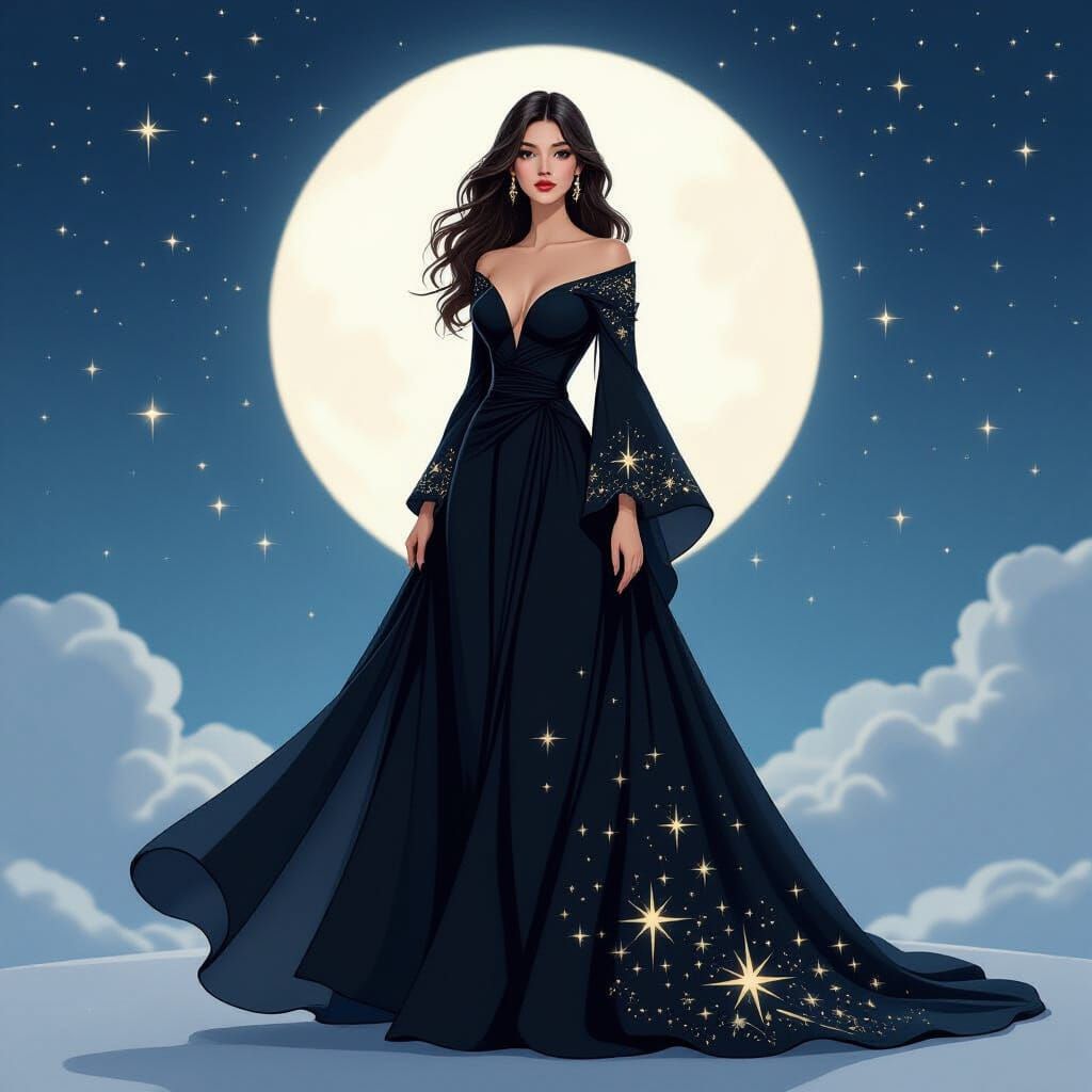 Ethereal Black Gown with Glowing Stars in Moonlit Sky