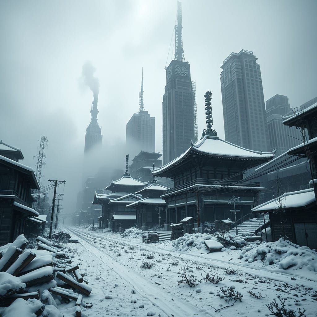 Post-Apocalyptic Winter in Ruined Japanese Cityscape