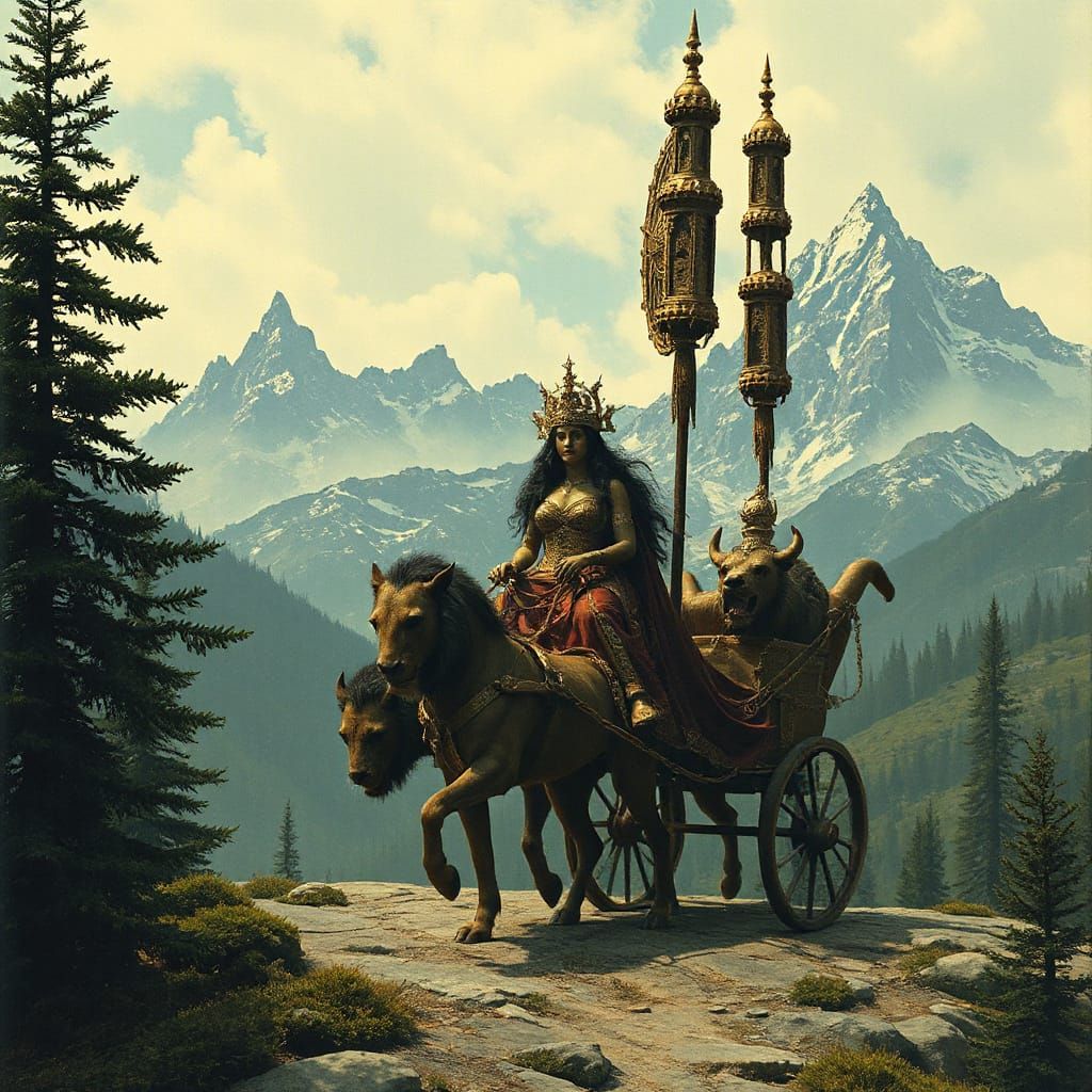 Cybele Rides Lion Chariot in Surreal Landscape